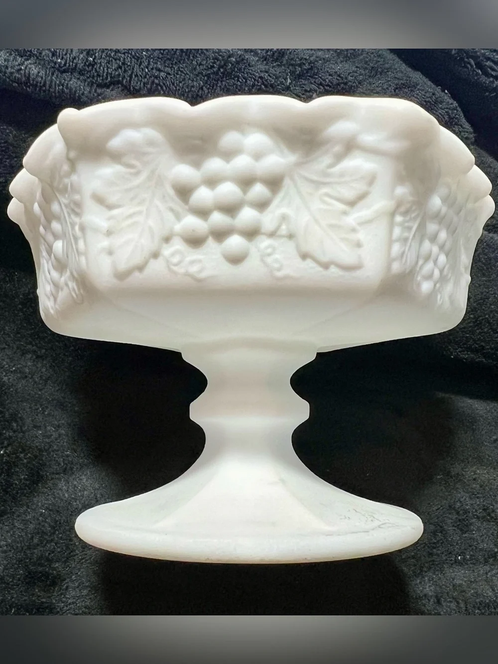 Vintage Imperial Milk Glass Hexagon Shaped Paneled Grape Compote, Circa 1960s